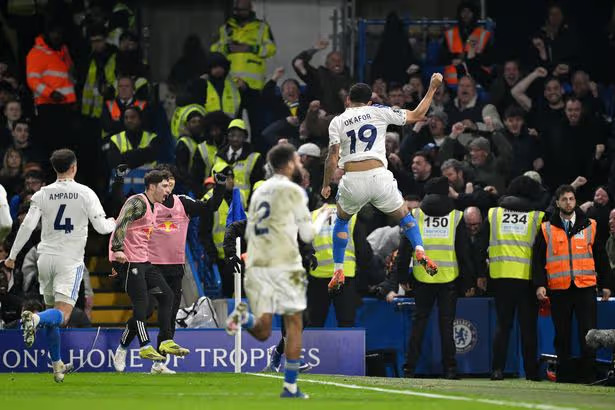 Leeds celebrate a goal against Chelsea that should have been disallowed due to a handball in the build-up